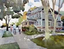 Watercolor of large house on corner in Ohio City neighborhood of Cleveland