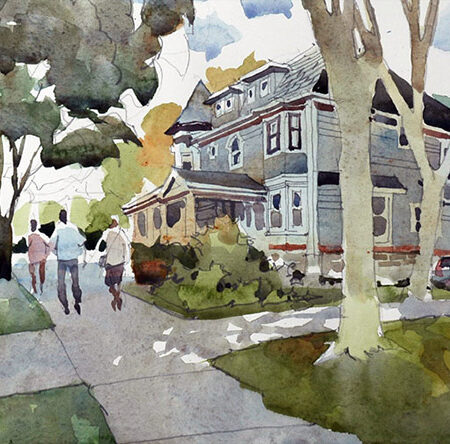 Watercolor of large house on corner in Ohio City neighborhood of Cleveland