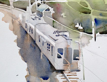 Watercolor of light rail car in front of rapid station
