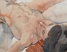 Watercolor of foreshortened nude woman