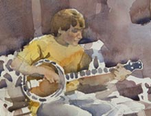 Watercolor of college student strumming banjo on bench.