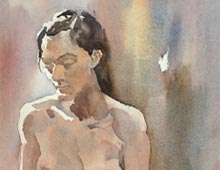 Watercolor of seated nude woman.