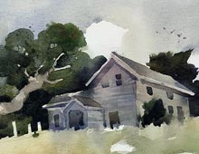 loose watercolor of barn and tree