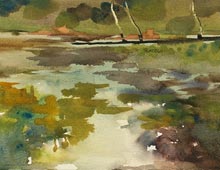 Plein air watercolor of lilly pond