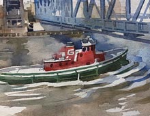 Watercolor of a tugboat passing under a bridge on the Cuyahoga River