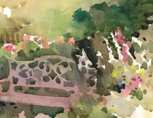 plein air watercolor of bench and flowers