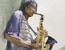 Watercolor of Maurice, the Sax Man of Cleveland, OH