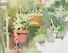 Watercolor of hanging flower baskets