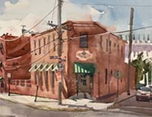 Watercolor of the Collision Bend Cafe in the Flats, Cleveland, OH
