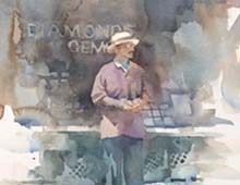 Watercolor of man standing in front of jewelry store window