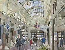 Loose watercolor of the interior of Cleveland’s Euclid Arcade.