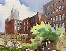 Watercolor painting of Worthington Yards courtyard.