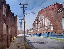 Watercolor of the Brownhoist building.
