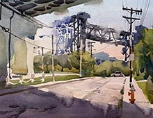 watercolor of the Carter Rd bridge from under the Red Line viaduct