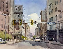 watercolor of Euclid Ave street scene as seen from Public Square