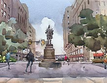 Watercolor of Moses Cleaveland statue on Public Square, Cleveland, OH