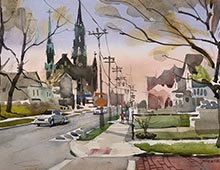 Plein air watercolor of St. Michael's church and Clark Ave.