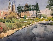Plein air watercolor of Eagle Ave. bridge from Stones Levee Rd