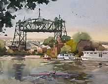 Plein air watercolor of the Eagle Ave bridge, Cuyahoga River and sculler