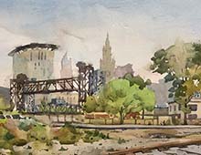 Plein air watercolor of the the Brew Dog Brewery in front of the Cleveland Skyline in the Cleveland Flats.