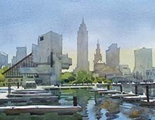 Plein Air watercolor of the Cleveland Skyline from the North Coast Harbor