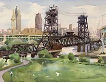 Watercolor of the Cleveland skyline and the Nickel Plate RR bridge from Abbey Rd next to I-90 bridge.