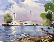 The Streamline Moderne coast guard station is seen in this plein air watercolor painted on June 15th, 2022