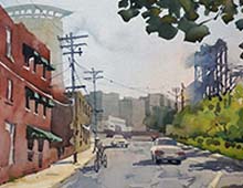Plein air painting of Columbus Rd looking northeast, with the Carter Rd bridge in the background.