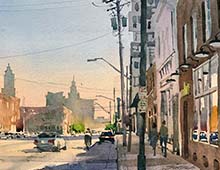 Plein air watercolor of Detroit Ave looking east at the Cleveland skyline.