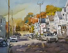 Plein air watercolor of E 123rd St looking east. The street is filled with parked cars and the Lake View cemetery can be seen in the far distance.