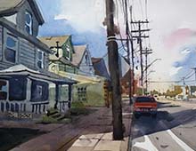 Plein air watercolor painting of Lorain Ave looking west from W 67th st.