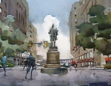 Moses Cleaveland statue on Public Square, painted on July 24, 2021