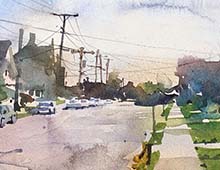 Direct watercolor (no pencil lines) painted plein air of Prame Ave. looking east.