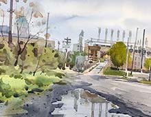 Watercolor of Progressive Field as seen from Stones Levee Rd.