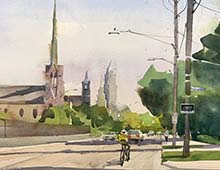 Watercolor painting of W 14th St looking north in Cleveland, OH