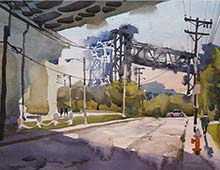 Plein air watercolor of the Carter Rd lift bridge from under the Red LIne Bridge in the Cleveland Flats.