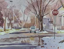 Loose plein air watercolor of W 52nd St and Eichorn Ave, Cleveland, OH.
