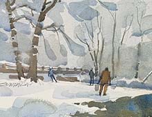 Loose plein air watercolor of steelhead trout fishermen at the Rocky River, Cleveland, OH.