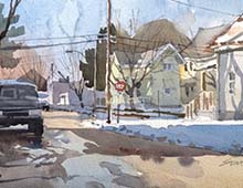 Loose plein air watercolor of W 52nd and Carlos Ave, Cleveland, OH