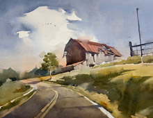 Loose watercolor of a decaying barn on a hill with a twisting road.