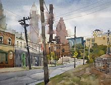 Loose watercolor of Canal Rd in the Cleveland flats.