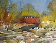 Loose plein air watercolor of the Everett Rd covered bridge in the Cuyahoga Valley National Park