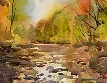 Loose plein air watercolor of Furnace Run, a very rocky river in Peninsula, OH. Painted from the riverbed.