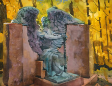 Loose watercolor and gouache painting of the Haserot Angel in Lake View Cemetery