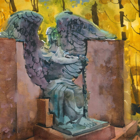 Loose watercolor and gouache painting of the Haserot Angel in Lake View Cemetery