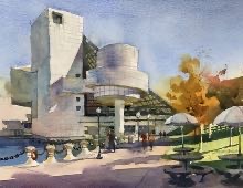 Plein air watercolor of the Rock and Roll Hall of Fame