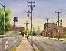 Loose plein air watercolor of Meyer Ave. Cleveland, OH looking east. The Lofts at Lion Mills can be seen in the distance on the left.