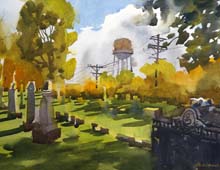 Loose watercolor of the Monroe St Cemetery in the Ohio City neighborhood of Cleveland, OH.