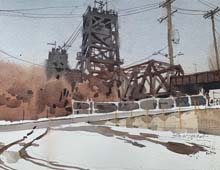 Loose plein air watercolor of The Nickel Plate Railroad Bridge Cleveland, OH in the snow.