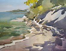 Loose plein air watercolor of a Lake Erie beach.